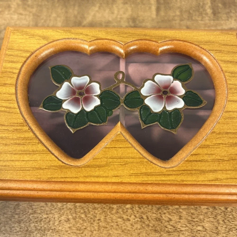 Vintage Wood Wooden Trinket Jewelry Box W/ Flower Blossom Design